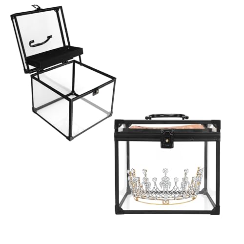9inches Wide Pageant Crown Box Tiara Carrying Case Extra Large with Sash Holder Clear Acrylic Display Case,Toiletry and Cosmetic Organizer (Black, 230 * 230 * 190mm)