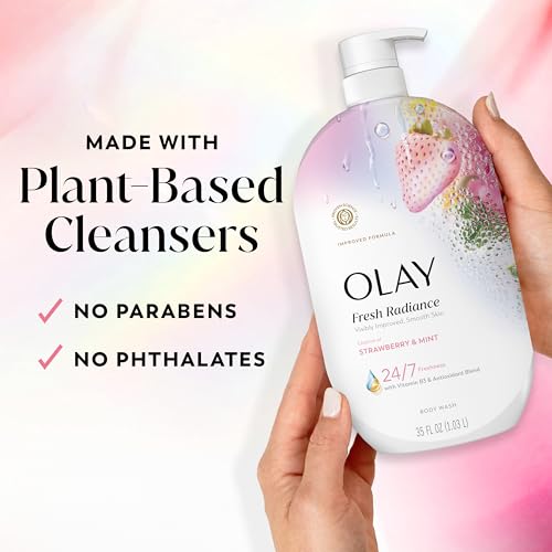 Olay Body Wash for Women, Fresh Radiance, 24/7 Skin-Loving Freshness, Visibly Radiant, Plant Based Cleansers, Vitamin B3 & Antioxidant Blend, For All Skin Types, Strawberry & Mint Scent, 35 fl oz