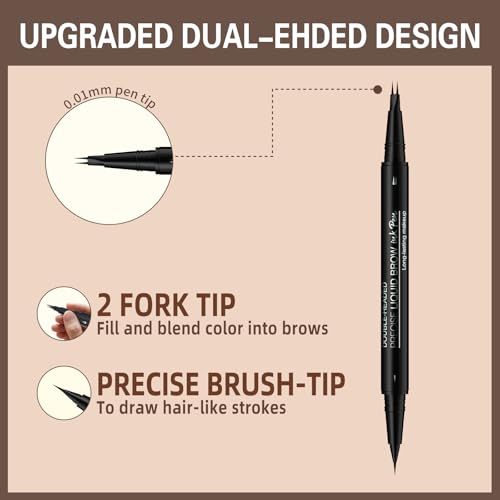 Microblading Eyebrow Pen, Dual-Ended Brow Pencil with 2-Fork-Tip and Precise Brush, Waterproof Longer Lasting Eyebrow Pencil, Microblade Eyebrow Pencil Create Natural Hair-Like Strokes (Black)