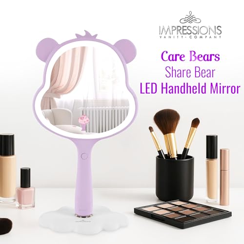 Impressions Vanity Care Bears Share Bear LED Handheld Makeup Mirror for Desk, Lighted Travel Makeup Mirror with Detachable Standing Base, Ultra Bright Adjustable Lighting and Figural Shaped (Purple)