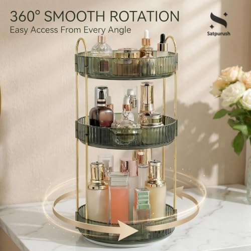 Satpurush 3-Tier Clear Green Rotating Makeup Organizer for Vanity & Bathroom