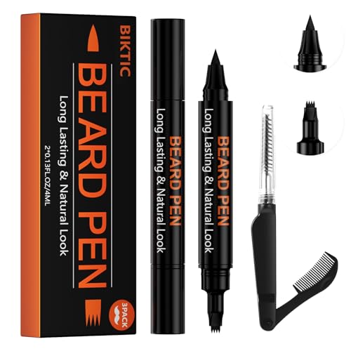 3-Pack Beard Pen Filler for Men, Waterproof & Sweat Proof Long-Lasting Beard Pen Kit with 2 Fillers & 1 Double-Headed Brush ? Effectively Enhances Facial Hair (Black)
