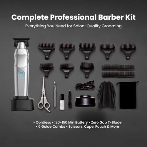 Wablow Silver Professional Hair Clippers for Men – Cordless Low-Noise Barbershop Clipper with Docking Station & 6 Guide Combs