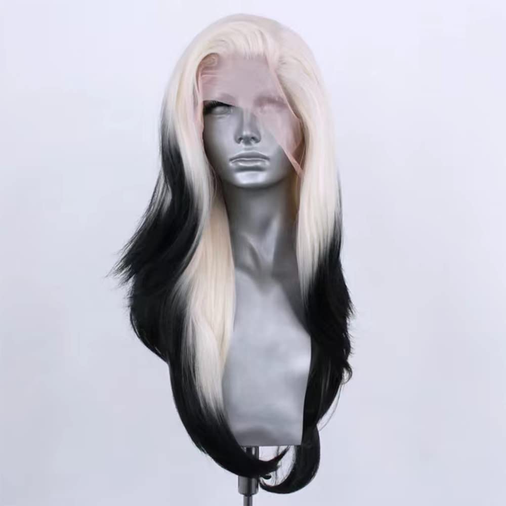 RONGDUOYI Ombre Color Synthetic Lace Front Wig for Women 13x4 Glueless Natural Straight Platinum Black Lace Wig Glueless Natural Hairline Synthetic Daily Wear Costume Party