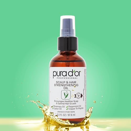 PURA D'OR Scalp & Hair Strengthening Oil (3.3oz x2 = 6.6oz) Supports Optimal Growth, Reduce Breakage, Nourish Roots for Healthier, Fuller, Thicker Hair - Rosemary, Castor & Peppermint Oil