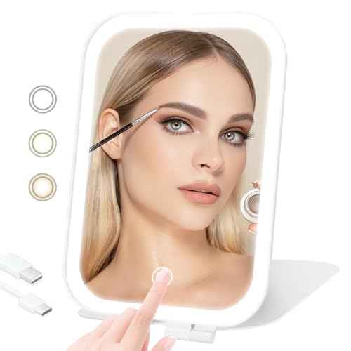 Travel Makeup Mirror, Portable Mirror with Light, 3 Adjustable Light Settings USB-Rechargeable Vanity Mirror for Bedroom, Office, Home, Gift for Women and Girls (White)