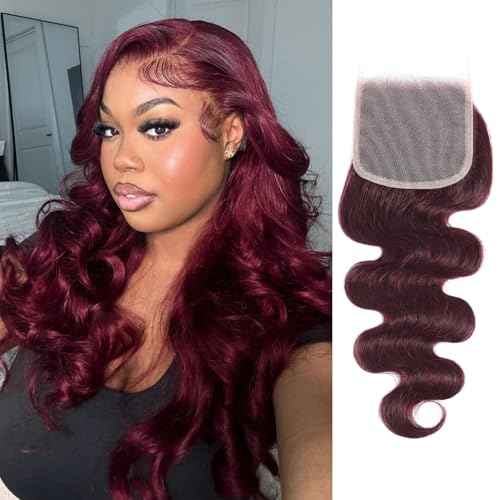 ALHER 99j Burgundy Body Wave 4x4 Lace Closure Human Hair, 12A Dark Burgundy Wine Red Color Wavy Free Part Melt Lace Closure, 100% Unprocessed Virgin Remy Hair Pre Plucked With Baby Hair Closure 12 IN