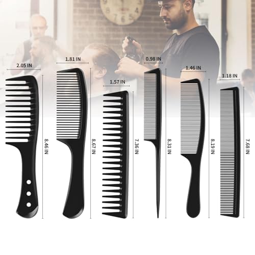 Professional Hair Comb Set - 6 Black Wide & Fine Tooth Styling & Detangling Tools