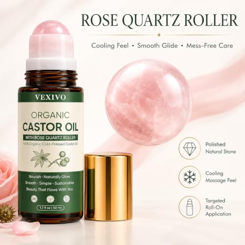 Thicair Organic Castor Oil Rose Quartz Roller Ball for Eyebrows, Face & Neck - 1.7 Fl Oz - Unscented, Hexane-Free, Brightening & Nourishing - Variation 1