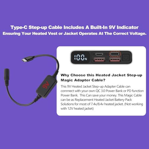 9V Heated Jacket Battery Step-Up Adapter Charger Cable TypeC to DC3.5/4.0mm for 7.4V 8.4V Heated Jackets, Heated Hoodies and Heated Vests (Not for 12V Heated Gear)