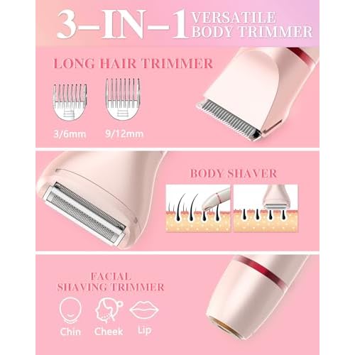 Bikini Trimmer for Women, Electric Razor for Pubic Hair 3-in-1, Bikini Shaver for Legs Body Hair, Womens Electric Razor IPX6 Waterproof, Gifts for Women,Pink
