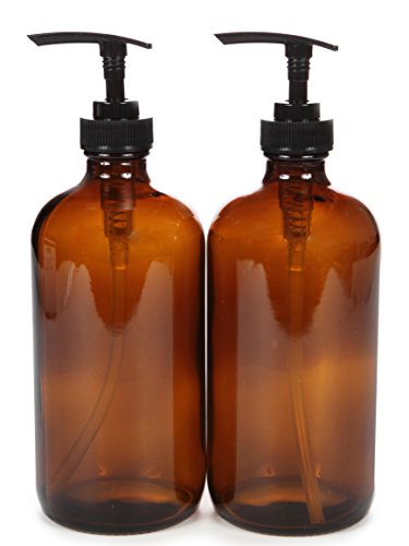 Vivaplex 16 oz Amber Glass Bottles with Black Lotion Pumps, 2 Pack