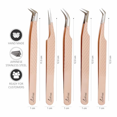 LASHORAA Professional 5pc Lash Extension Tweezers Pack - Fiber Tip Diamond Grip Japanese Steel, Precision Angled Tips - Perfect for Volume & Mega Volume Lashes with Leather Pouch (Peach)