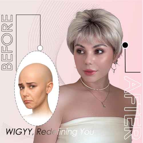 WIGYY Silver Grey Pixie Cut Wig for White Women, Short Curly Synthetic Wig with Bangs, Upgraded Glueless Cap, Heat-Resistant Lightweight Wig for Older Women Daily Wear