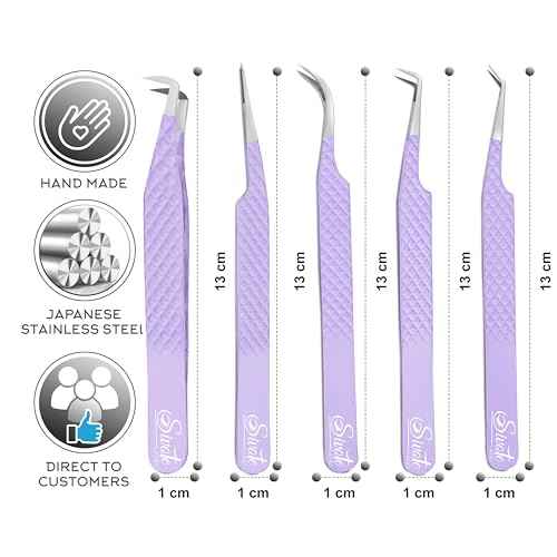 SIVOTE Lash Tweezers for Eyelash Extensions, Pack of 5 Purple ? Lash Extension Tweezers Set with Diamond Grip, Precision Fiber Tip for Volume Eyelash Extensions