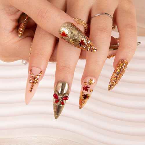 LOVFUL Press on Nails Luxurious Exquisite Autumn | Handmade with Full Covered Crystals | Reusable Full Cover Nails | Stiletto Classic Regular 1.3 in | H342-L
