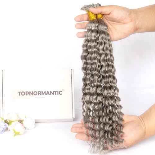 Human Braiding Hair for Boho Braids, Deep Curly Bulk Salt and Pepper Human Hair 100g 2 Bundles/Pack Brazilian Virgin Hair No Weft Wet and Wavy Gray Hair Extensions for Black Women 16 Inch