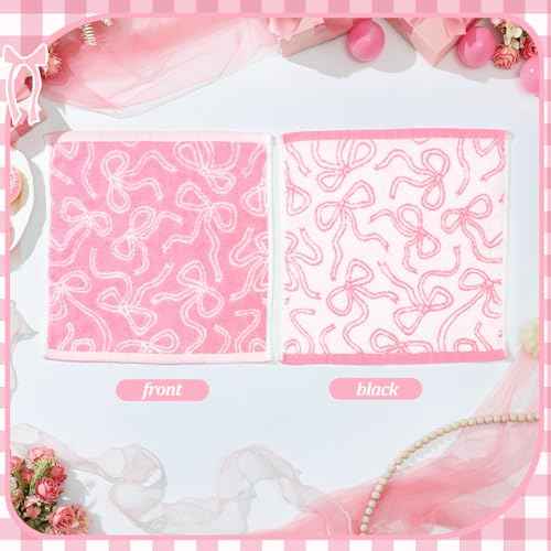 6 Pcs Pink Bow Washcloths 100% Cotton Wash Cloths 13" x 13" Coquette Small Face Towels Absorbent Soft Hand Bath Towels for Bathroom, Spa, Kitchen Drying Cleaning (Classic Style)