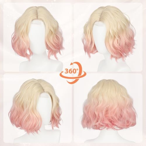 Pink Bob Wig with Lace Front - Short Wavy Synthetic Hair