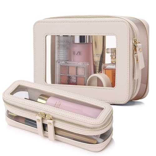 Pinkmik Clear Makeup Bag with Brush Case Travel Toiletry Bag Waterproof Cosmetic Organizer Car Essentials for Women (Beige, M+SLIM-1)