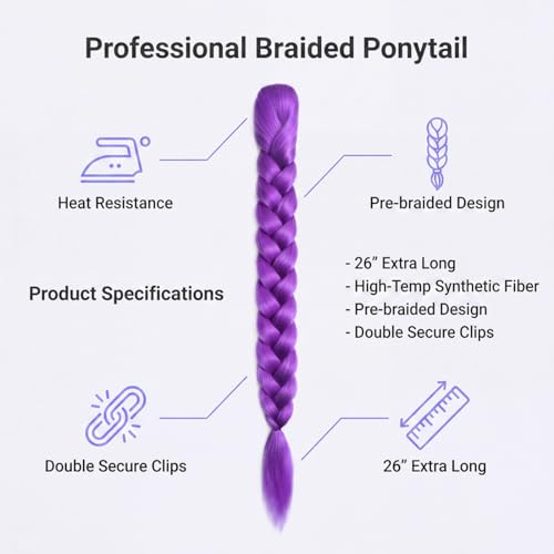 Purple Braided Ponytail Hair Extension 26 Inch Clip-In Synthetic Hair - JingChyx