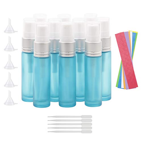 Ellbest 10ml Glass Spray Bottle Fine Mist Spray Bottles Perfume Atomizer for Travel, Cleaning (10Matte Blue Bottles &5 Droppers &10 Funnels& Dot Labels)