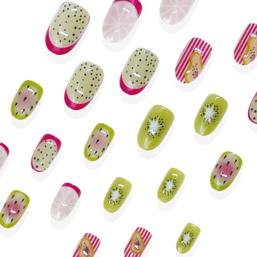 Dulyork Summer Short Almond Press On Nails with Fruit Design – Glue-On Fake Nails