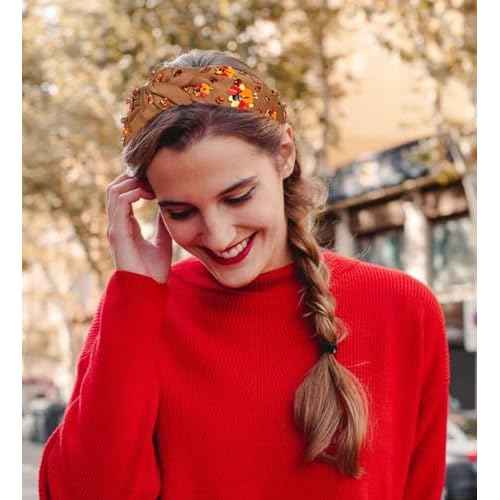 Thanksgiving Headband Fall Pearl Rhinestone Jeweled Knotted Headband Accessories Pumpkin Leaf Print Wide Knot Hairband Thanksgiving Turkey Holiday Headband Hair Accessories Gifts