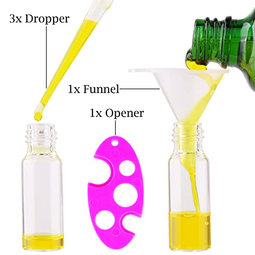 24 Pack Refillable 5ml Glass Roller Bottles for Essential Oils & Perfume - Clear with Stainless Steel Rollers, Caps, Funnels & Droppers