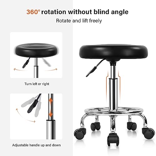 KKTONER PU Leather Rolling Stool with Footrest Height Adjustable