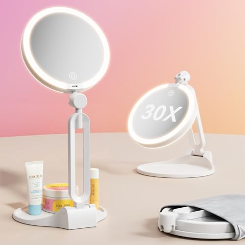 Travel Makeup Mirror with Lights, 1X/30X Magnification, 3 Color Modes