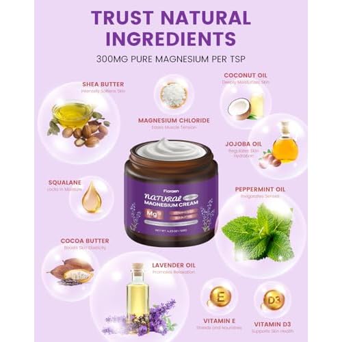 Magnesium Lotion for Sleep, Magnesium Cream(300mg/tsp) for Muscle Relief, Magnesium Butter for Deep Hydration with Lavender Oil, Shea Butter, Vitamins E & D3, Gentle for Kid, 120g/4.23oz