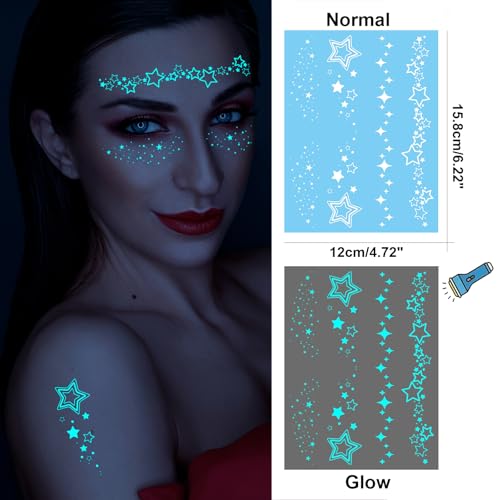 Glow in the Dark Temporary Tattoos for Women, 9-Sheet Moon Star Set