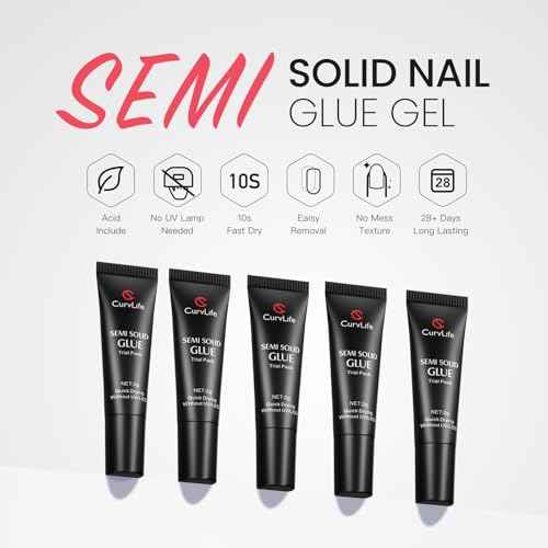 CurvLife Nail Tips Semi Solid Nail Glue 2g (5pcs) - Super Strong, Soft Glue Gel Quick Drying Adhesive for Press On Nails, No UV Light Needed