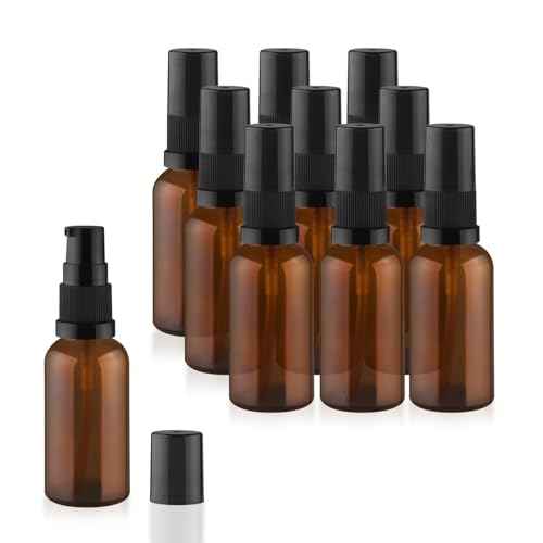 10 Pack Empty Amber Glass Pump Bottles Refillable Cream Lotion Bottles Travel Cosmetic Dispenser Bottle for Sample,Liton,Cream,Liquids Aromatherapy and More (30ml/1oz)