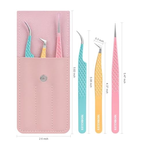 MORGLES Lash Tweezers for Eyelash Extensions, 3 Pcs Eyelash Extension Tweezers for Professionals & Beginners Fanning Volume Lashes