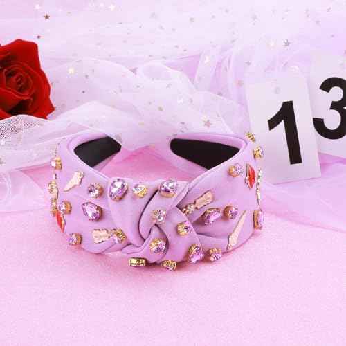 Music Jeweled Knotted Headband for Women, Guitar Red Lip Microphone Rhinestone Crystal Embellished Top Knot Hairband, Fashionable Hair Accessories for Singer Fans Birthday Concert Gift (Purple)
