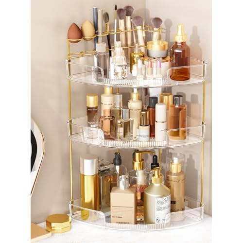 FELIZHOUSE 3-Tier Makeup Organizer for Vanity & Bathroom Countertop ? Acrylic Storage Shelf with Perfume Tray & Makeup Brush Holder, Tool-Free Installation, Design for Bathroom & Dresser - Clear
