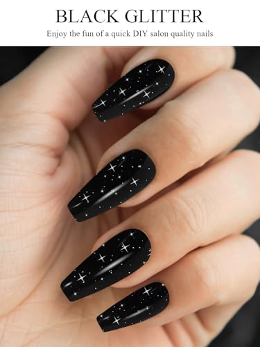 EBANKU 24 Pcs Semi-Cured Gel Nail Strips, Gel Wraps for Nails Stickers, Easy Apply & Remove for Salon-Quality Manicure, Nail Salon DIY with Nail File and Nail Stick UV/LED Lamp Required(Black Glitter)