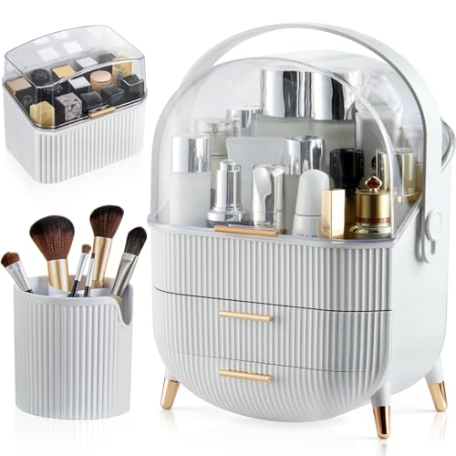 CANITORON Deluxe White Makeup Organizer with 2 Drawers & Brush Lipstick Storage
