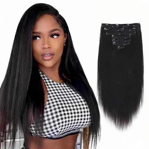 SixStarHair Yaki Straight Clip In Hair Extensions Real Human Hair 14inch Coarese Yaki Hair Extensions with Clips 120g 7 Pieces Thick Double Wefted Hair Extensions Italian Yaki Hair Extensions