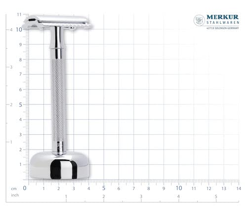 MERKUR 2381 Shaving Set with Stand Glossy Chrome | Three-Piece Razor with Straight Cut | Ideal for Wet Shaving | Die-Cast Zinc | Brass Handle | Made in Germany