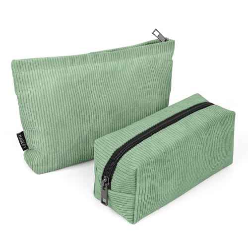 MAGEFY Makeup Bag 2 PCS Corduroy Make up Bag for Purse Travel Cosmetic Bag for Women Small Makeup Pouch Cute Makeup Brush Bag Preppy Stuff Travel Essentials - Green