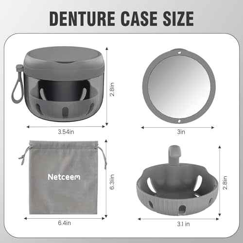 Denture Bath Box Cup, Leak Proof Denture Cup Kit Portable Retainer Case for Travel, Denture Case Cleaning Care for Dentures Aligner Mouth Guard with Denture Brush,Strainer, Removal Tool and Mirror