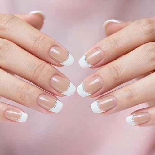Semi Cured Gel Nail Strips - White French Tip, Clear Base with Silver Glitter Line, 20 Pcs DIY Gel Nail Wraps, Beginner-Friendly, Salon-Quality, UV Light Required