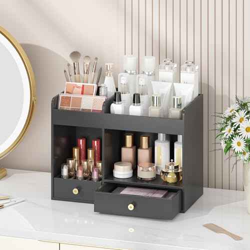 Large Makeup Organizer with Drawers, Bamboo Countertop Cosmetic Storage for Dresser Vanity Organizer Beauty Desk Skincare Holders Container Make Up Organizing for Lipstick