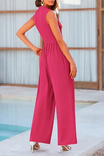 PRETTYGARDEN Womens Summer Jumpsuits Dressy Casual One Piece Outfits Sleeveless Mock Neck Wide Leg Pants Rompers with Pockets (Rose Red,Small)