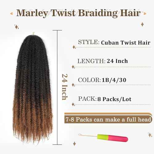 Marley Twist Braiding Hair 24 Inch Marley Hair Long Cuban Twist Hair 8 Packs Afro Kinky Curly Twist Crochet Hair Marley Twist Hair Extension (24 Inch, 1B/4/30)