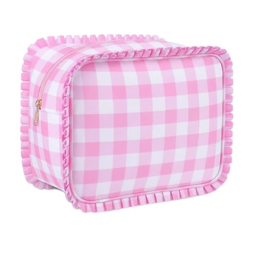Large Pink Gingham Ruffle Makeup Bag - Stylish Travel Organizer