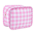 Large Pink Gingham Ruffle Makeup Bag - Stylish Travel Organizer